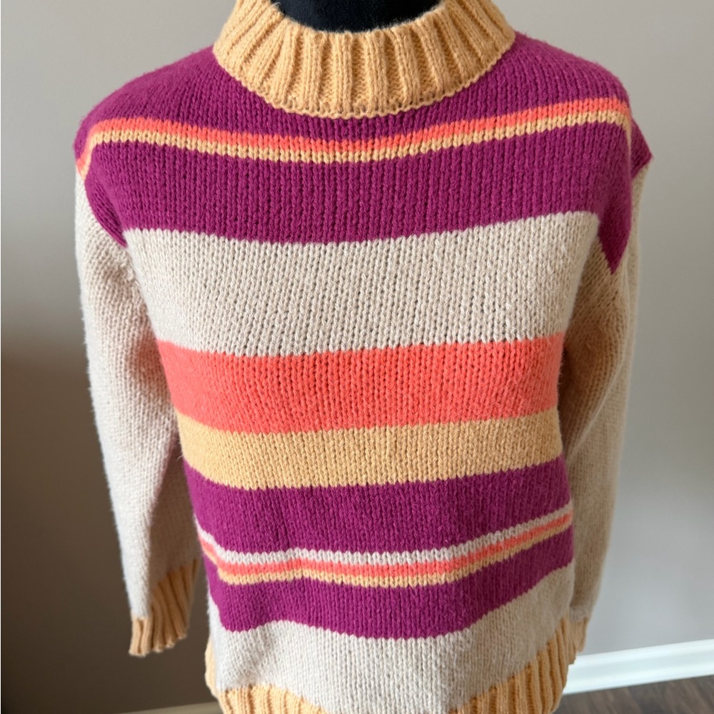 NWT EASEL Striped Crewneck Sweater in Cream, Purple & Coral